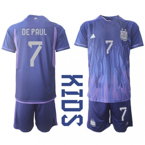 Fotballdrakt Barn Argentina Rodrigo de Paul #7 Bortedraktsett VM 2022 Kortermet (+ Korte bukser)